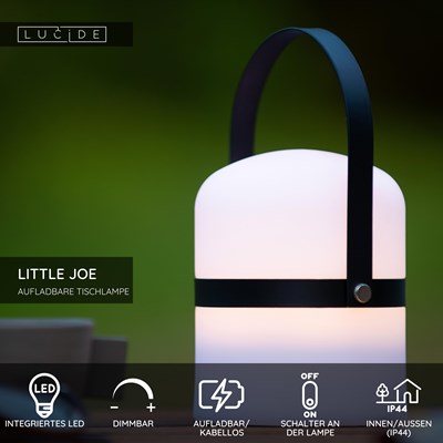 Lucide LITTLE JOE - wiederaufladbare Tischlampe Innen/Außen - Akku/Batterie - Ø 10 cm - LED Dim. - 1x0,3W 3000K - IP44 - Schwarz